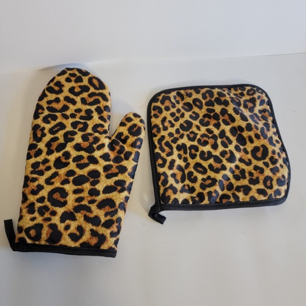 Leopard Print Oven‎ Mitt Pot Holder Set Heat Resistant Baking Kitchen Cooking